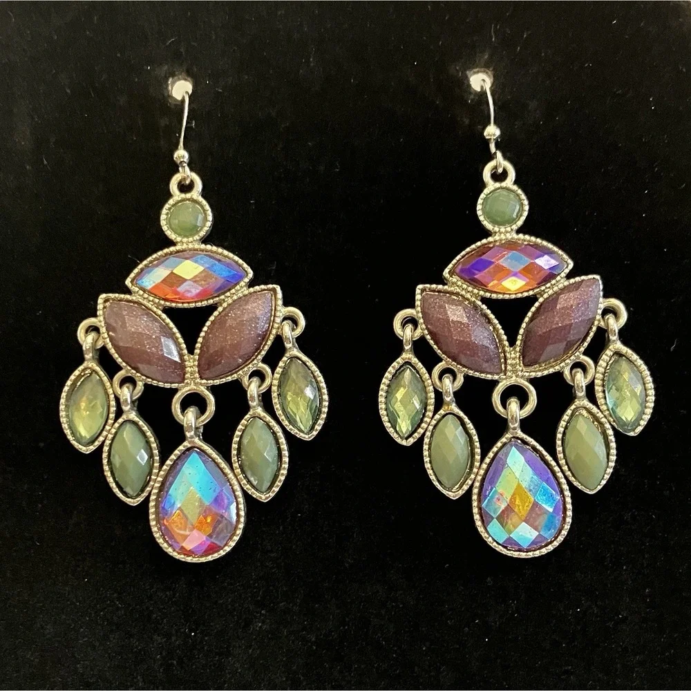 Earrings Iridescent “Oil Spill” Aurora Borealis Chandelier Dangle Bridal Formal